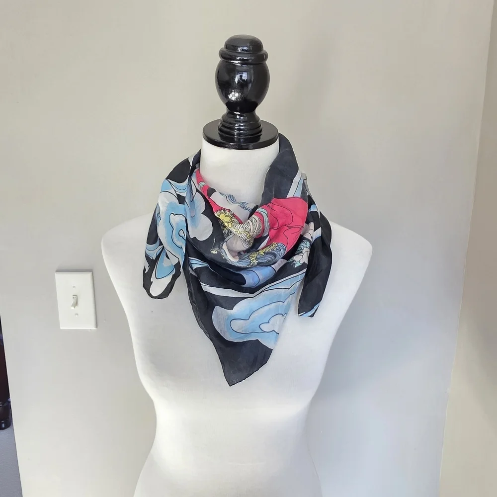 Vintage Silk Asian Scarf Goddess Of The Moon Joga Red and Blue Accents 100% Silk